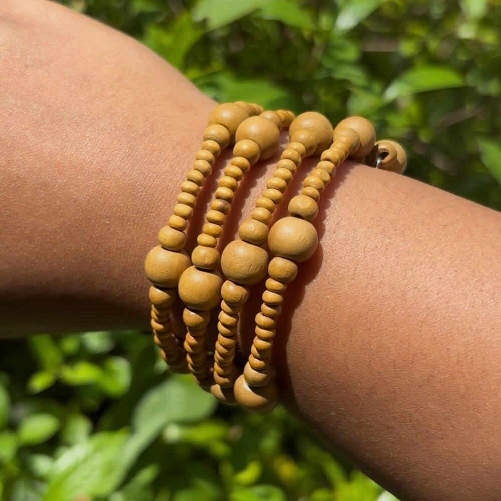 Vtg Handmade Wooden Bead Memory Wire Bracelet/ Anklet/ Arm Band/ Choker Necklace